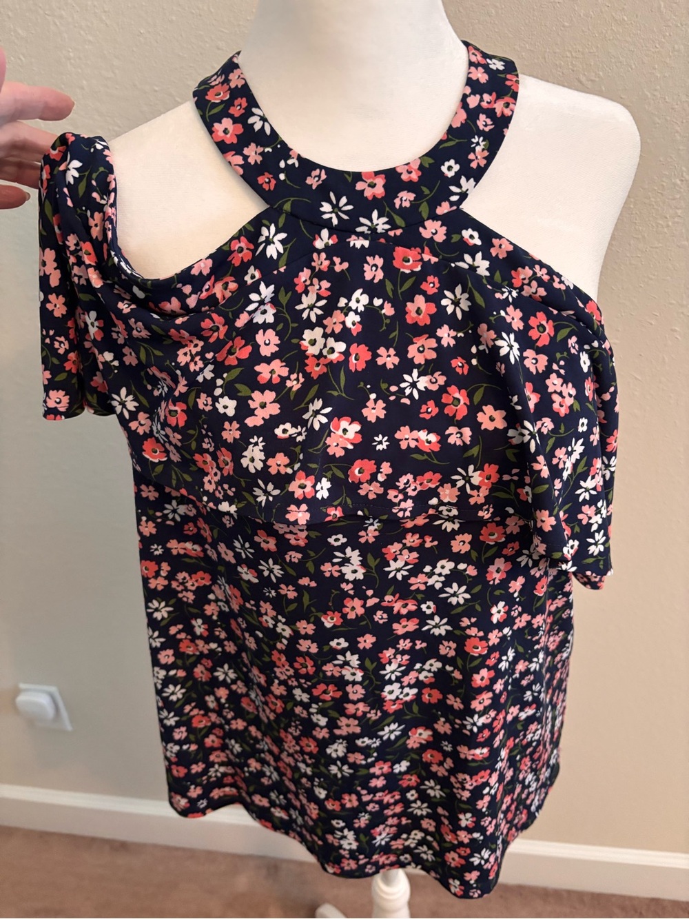 Michael Kors Navy Floral Cold-Shoulder Halter Top